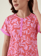 The Kaftan Company Nightdress Coral Pink Leaf Print Cotton Nightdress with Button Placket