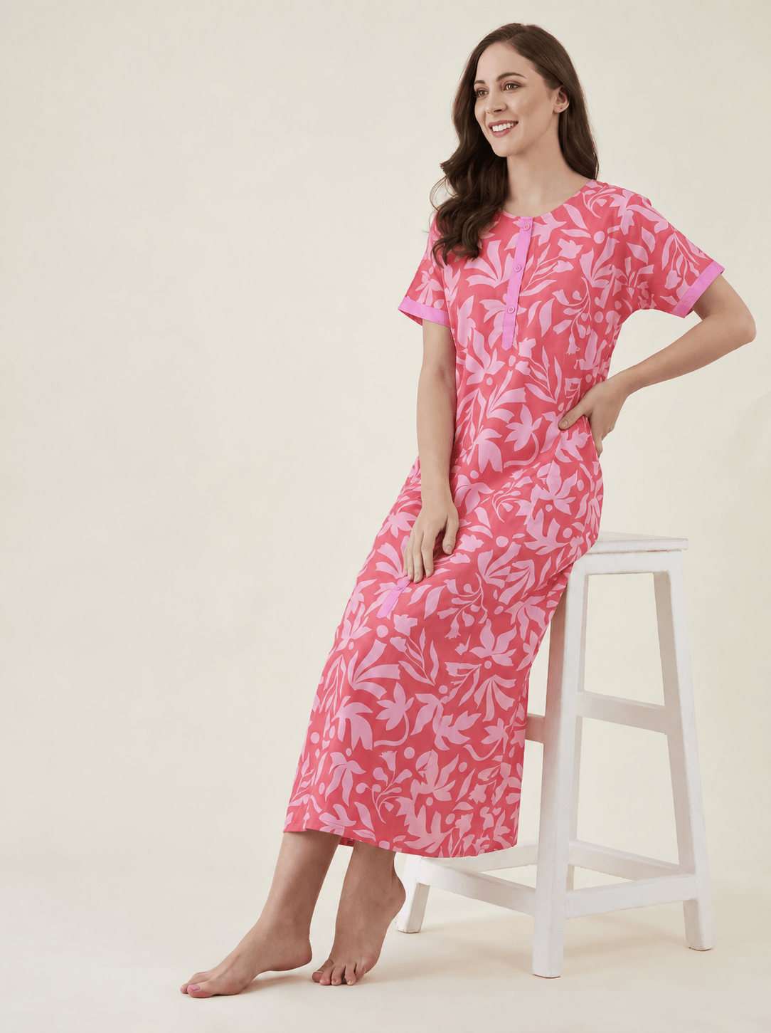 The Kaftan Company Nightdress Coral Pink Leaf Print Cotton Nightdress with Button Placket