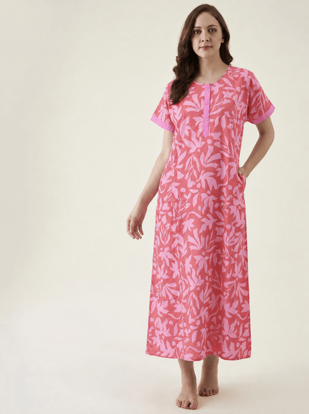 The Kaftan Company Nightdress Coral Pink Leaf Print Cotton Nightdress with Button Placket