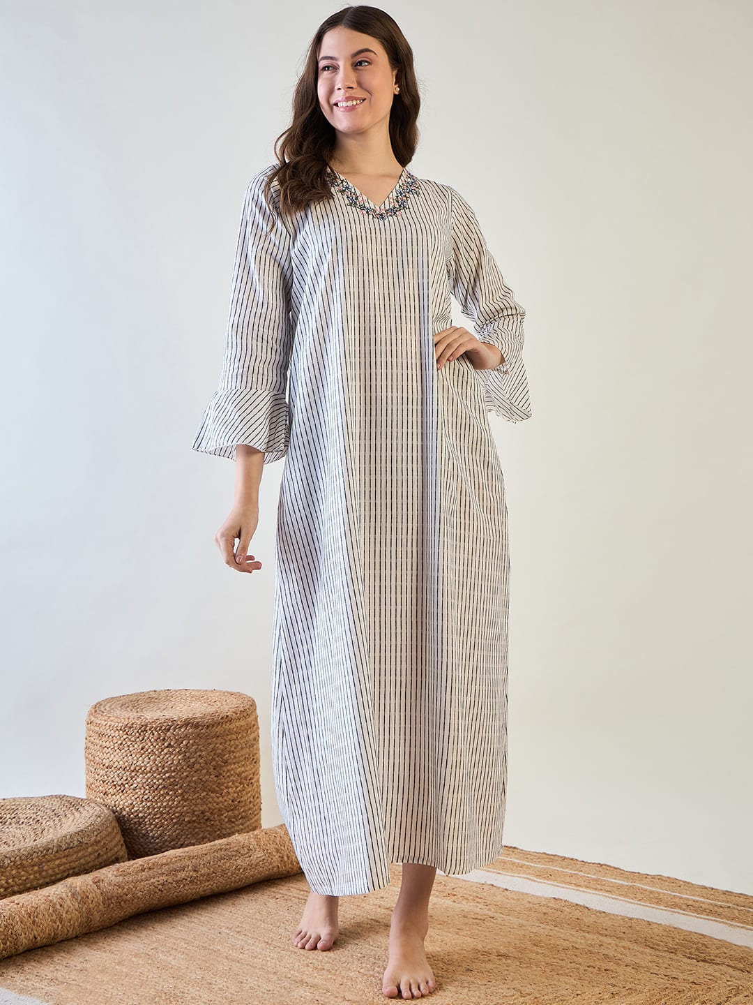 The Kaftan Company Nightdress Cotton Nightdress with Chic Stripes and Embroidery