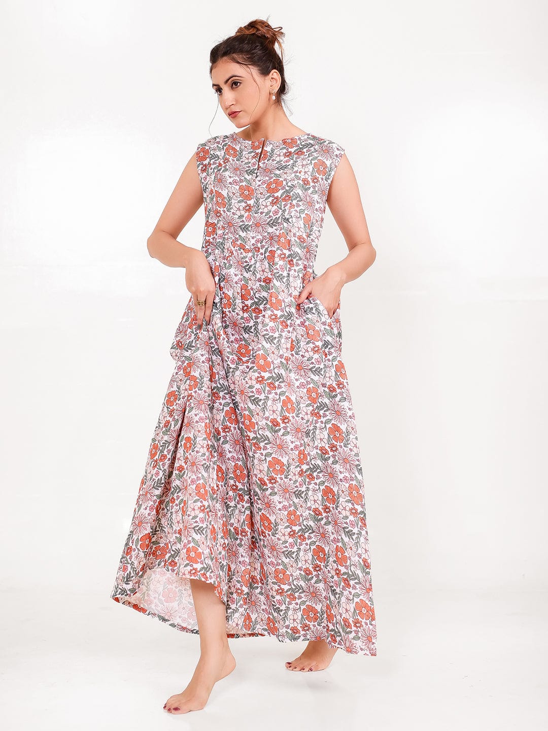 The Kaftan Company Nightdress Cotton Sleeveless Floral Nightdress with Pockets