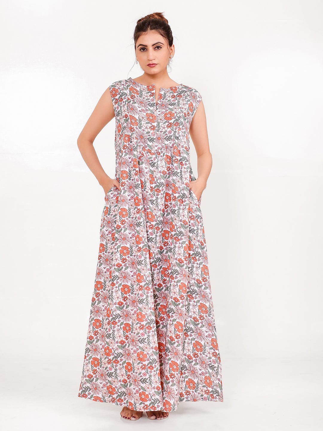 The Kaftan Company Nightdress Cotton Sleeveless Floral Nightdress with Pockets