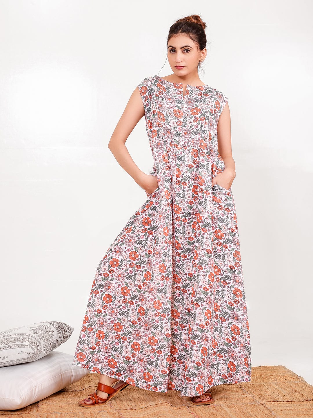 The Kaftan Company Nightdress Cotton Sleeveless Floral Nightdress with Pockets