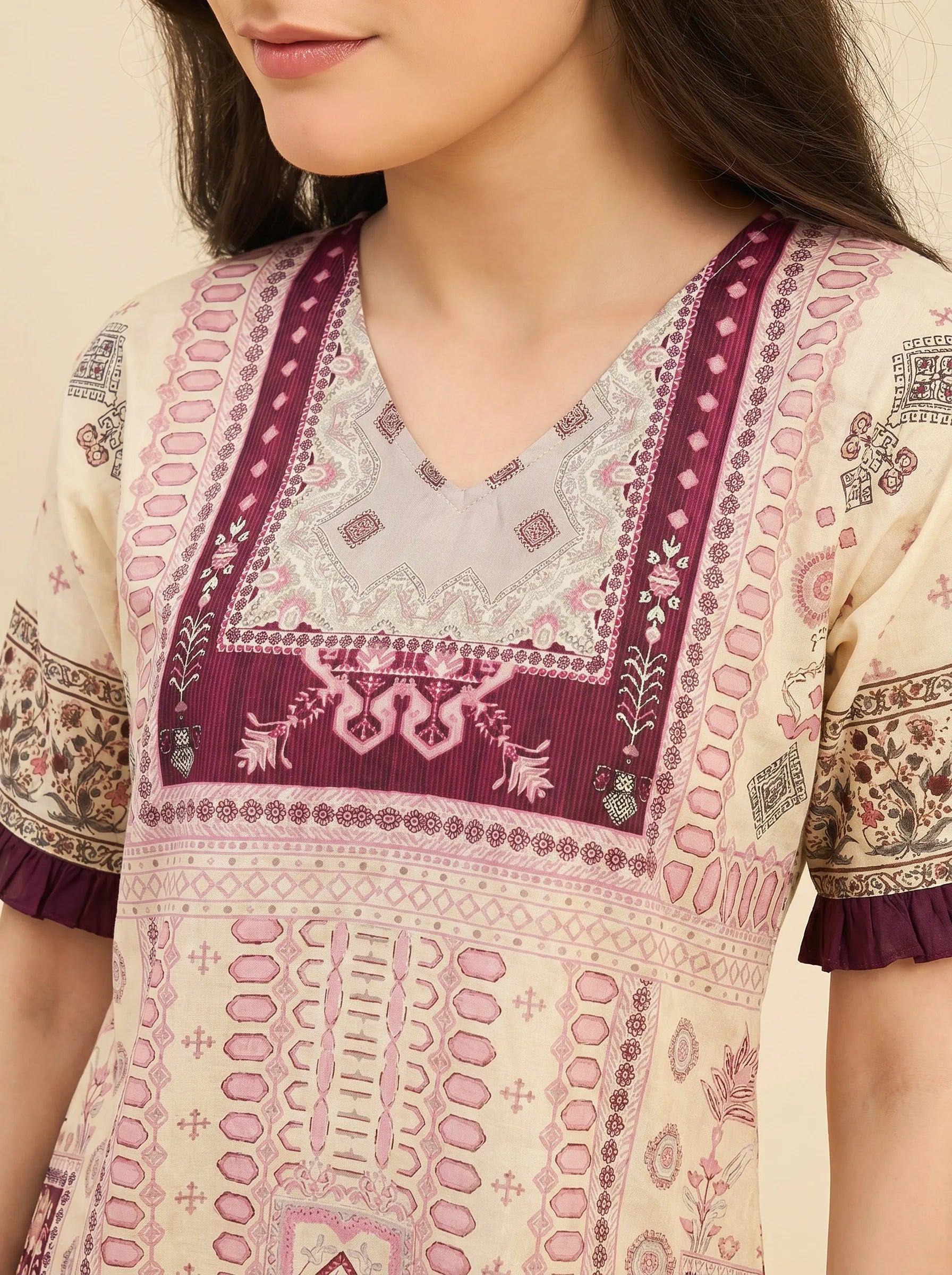 The Kaftan Company Nightdress Cream & Plum Ethnic Print Cotton Nightdress with Pockets