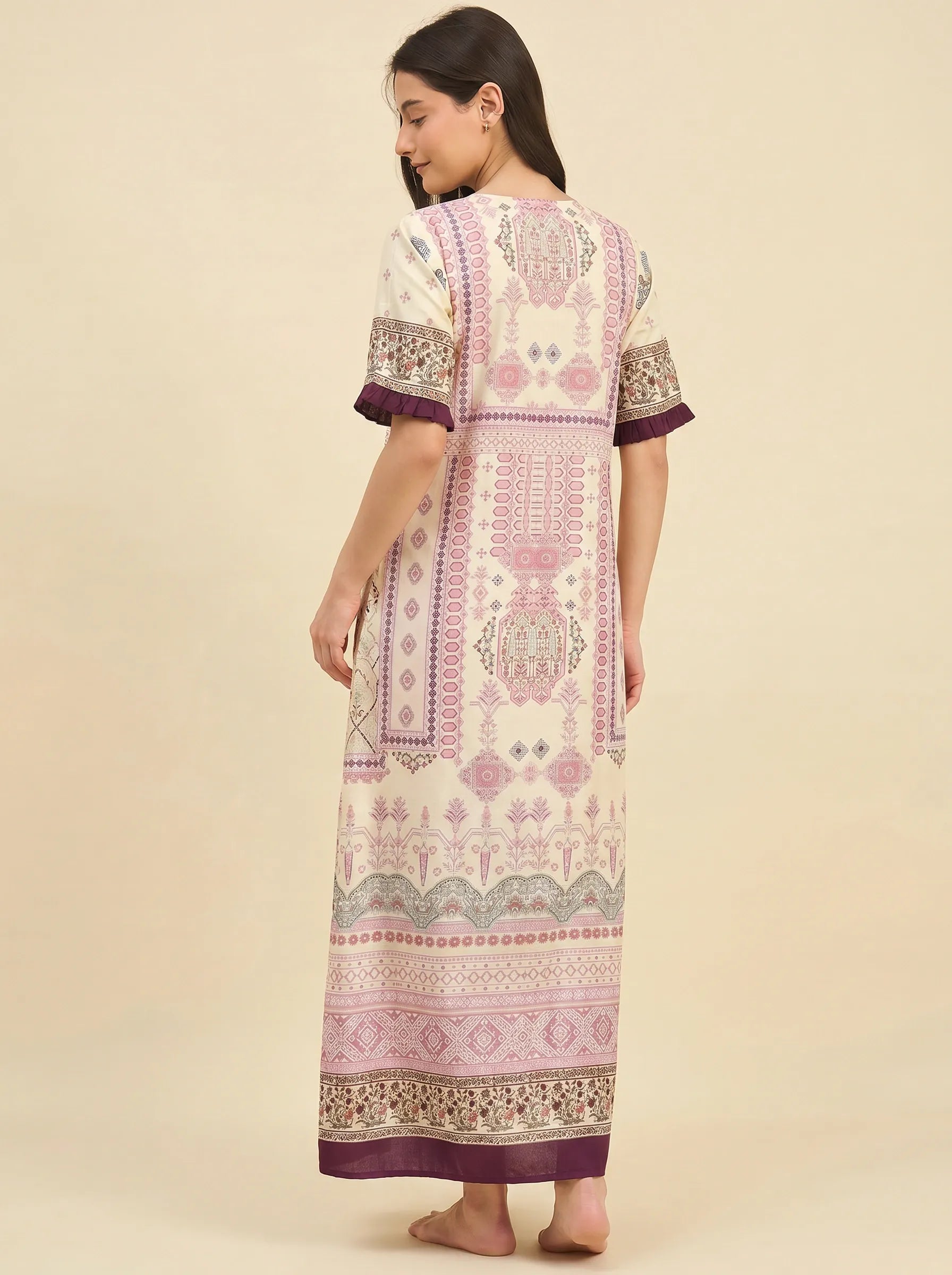 The Kaftan Company Nightdress Cream & Plum Ethnic Print Cotton Nightdress with Pockets