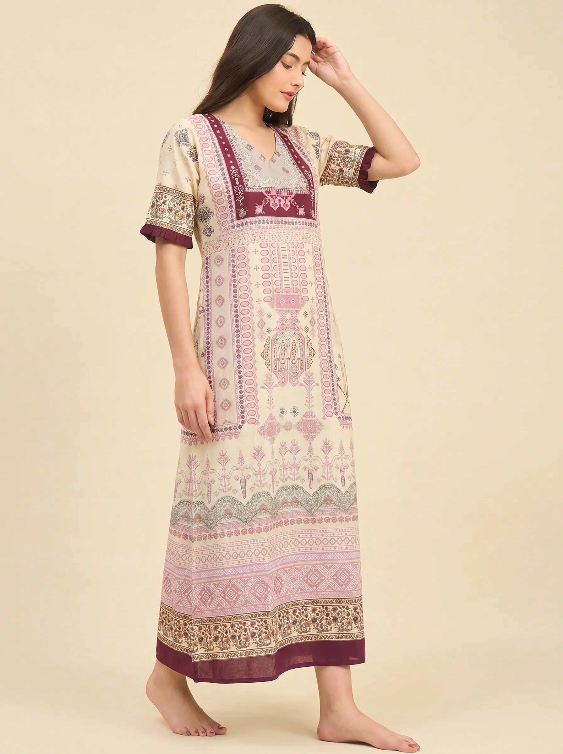 The Kaftan Company Nightdress Cream & Plum Ethnic Print Cotton Nightdress with Pockets