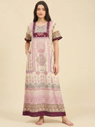 The Kaftan Company Nightdress Cream & Plum Ethnic Print Cotton Nightdress with Pockets