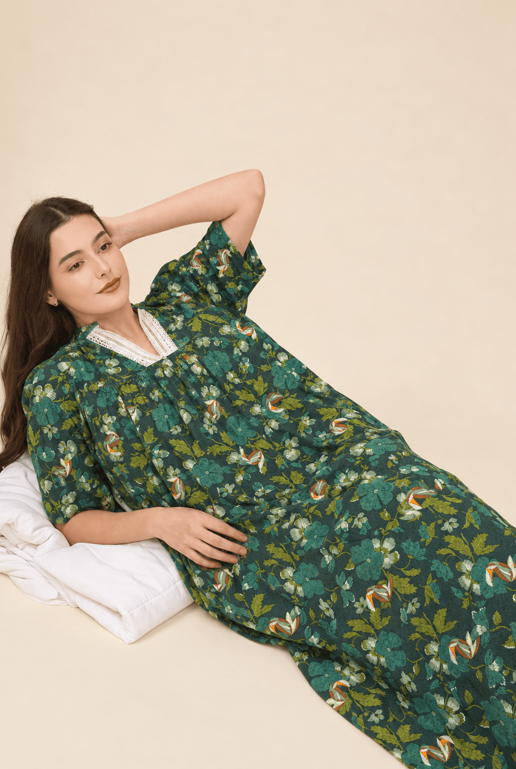 The Kaftan Company Nightdress Dark Green Botanical Print Linen Maxi Nightdress