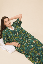 The Kaftan Company Nightdress Dark Green Botanical Print Linen Maxi Nightdress