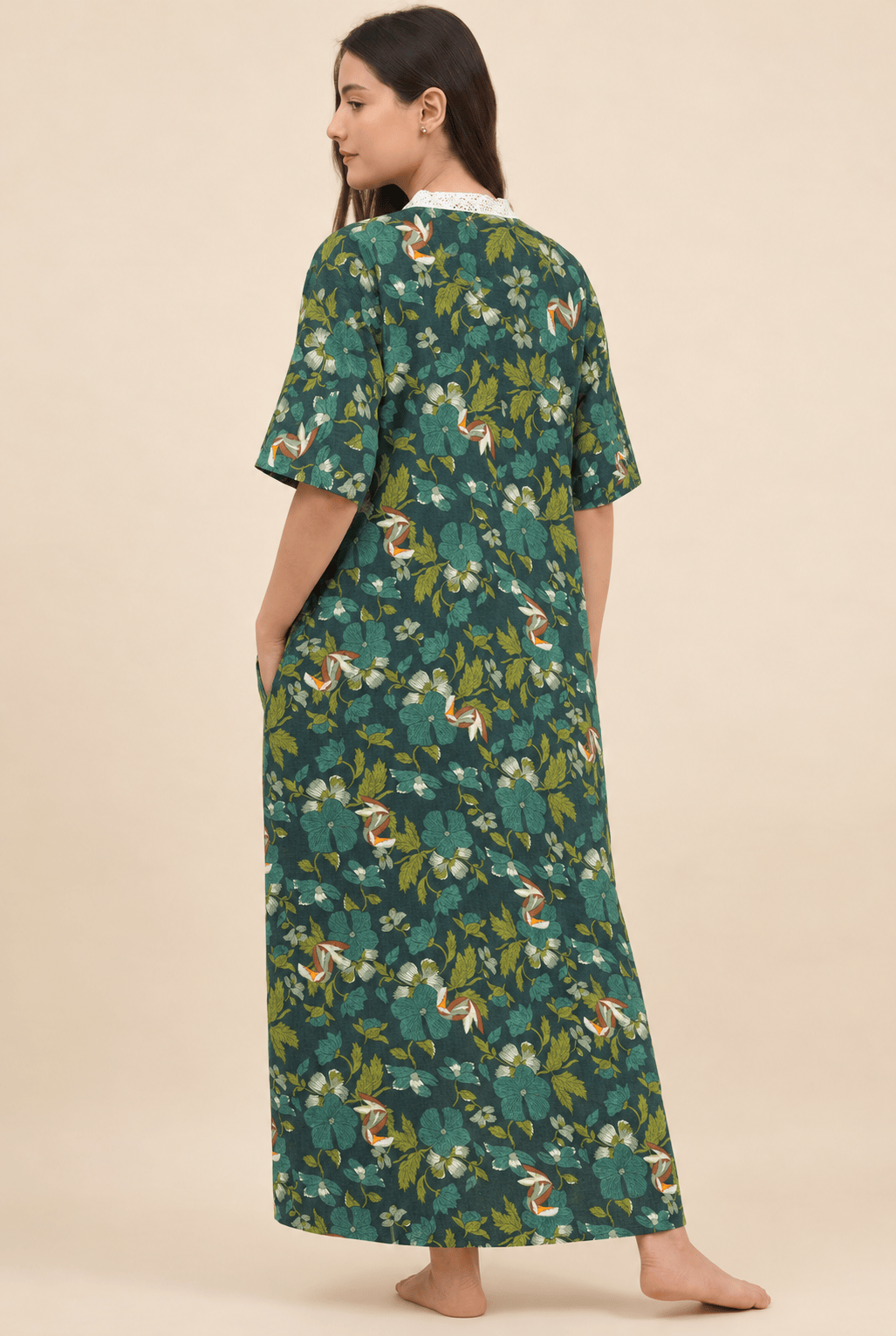 The Kaftan Company Nightdress Dark Green Botanical Print Linen Maxi Nightdress
