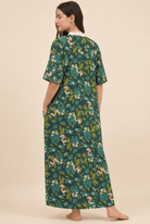 The Kaftan Company Nightdress Dark Green Botanical Print Linen Maxi Nightdress