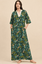 The Kaftan Company Nightdress Dark Green Botanical Print Linen Maxi Nightdress