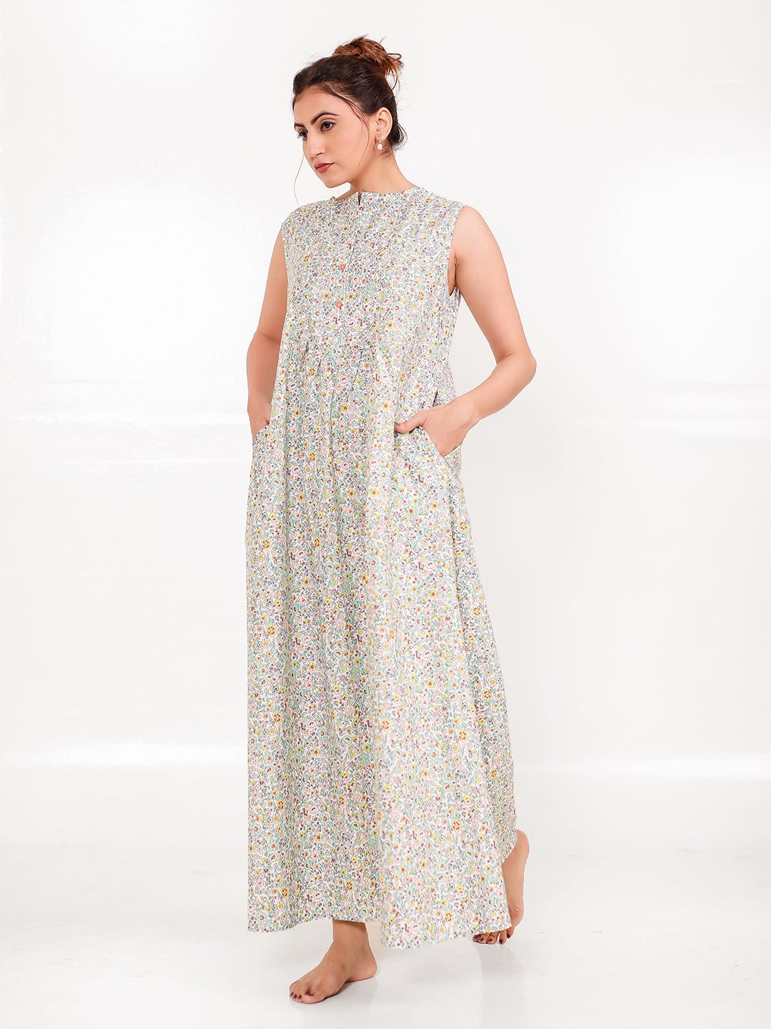The Kaftan Company Nightdress Ditsy Floral Cotton Sleeveless Nightdress with Pockets