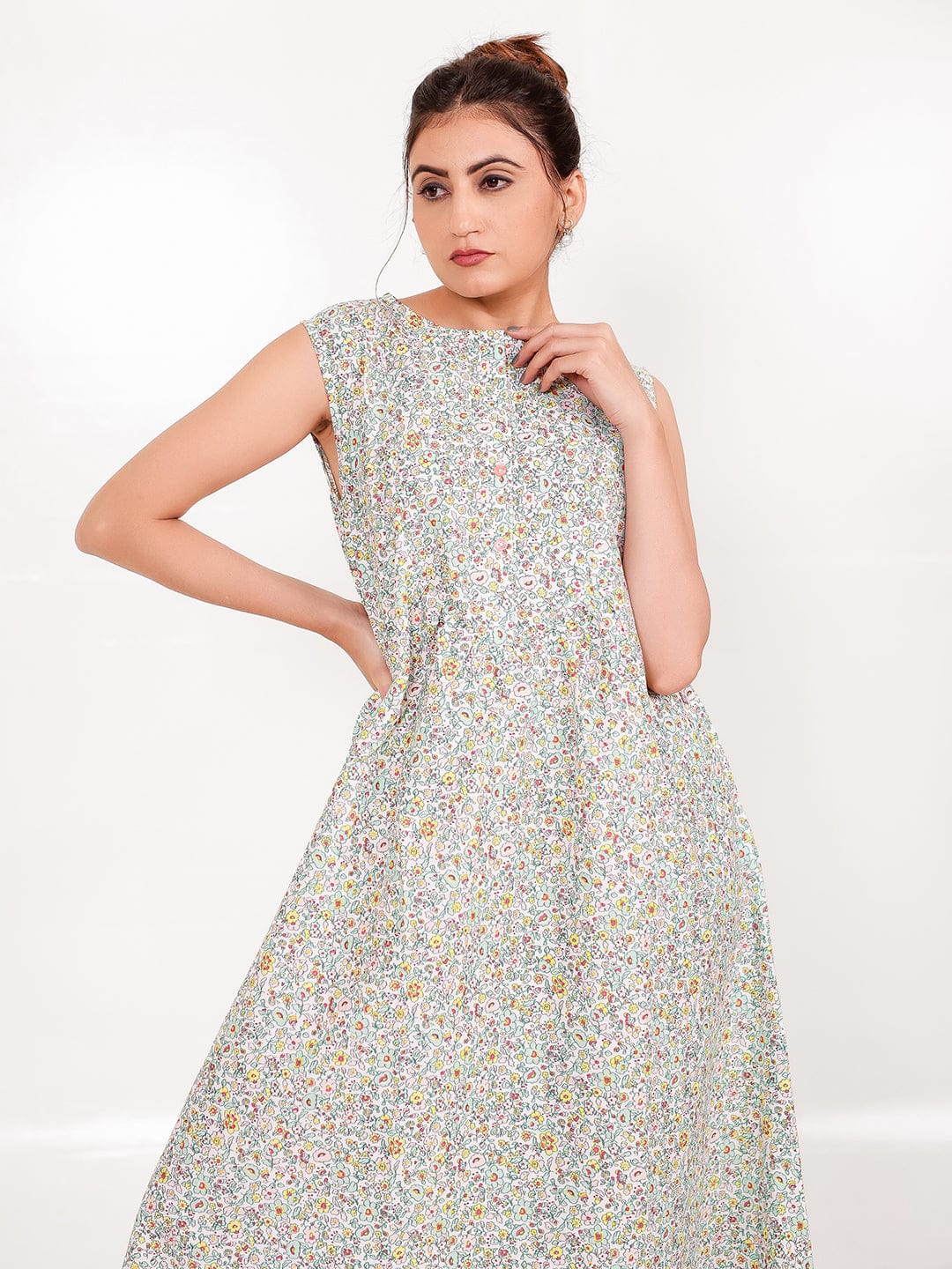 The Kaftan Company Nightdress Ditsy Floral Cotton Sleeveless Nightdress with Pockets