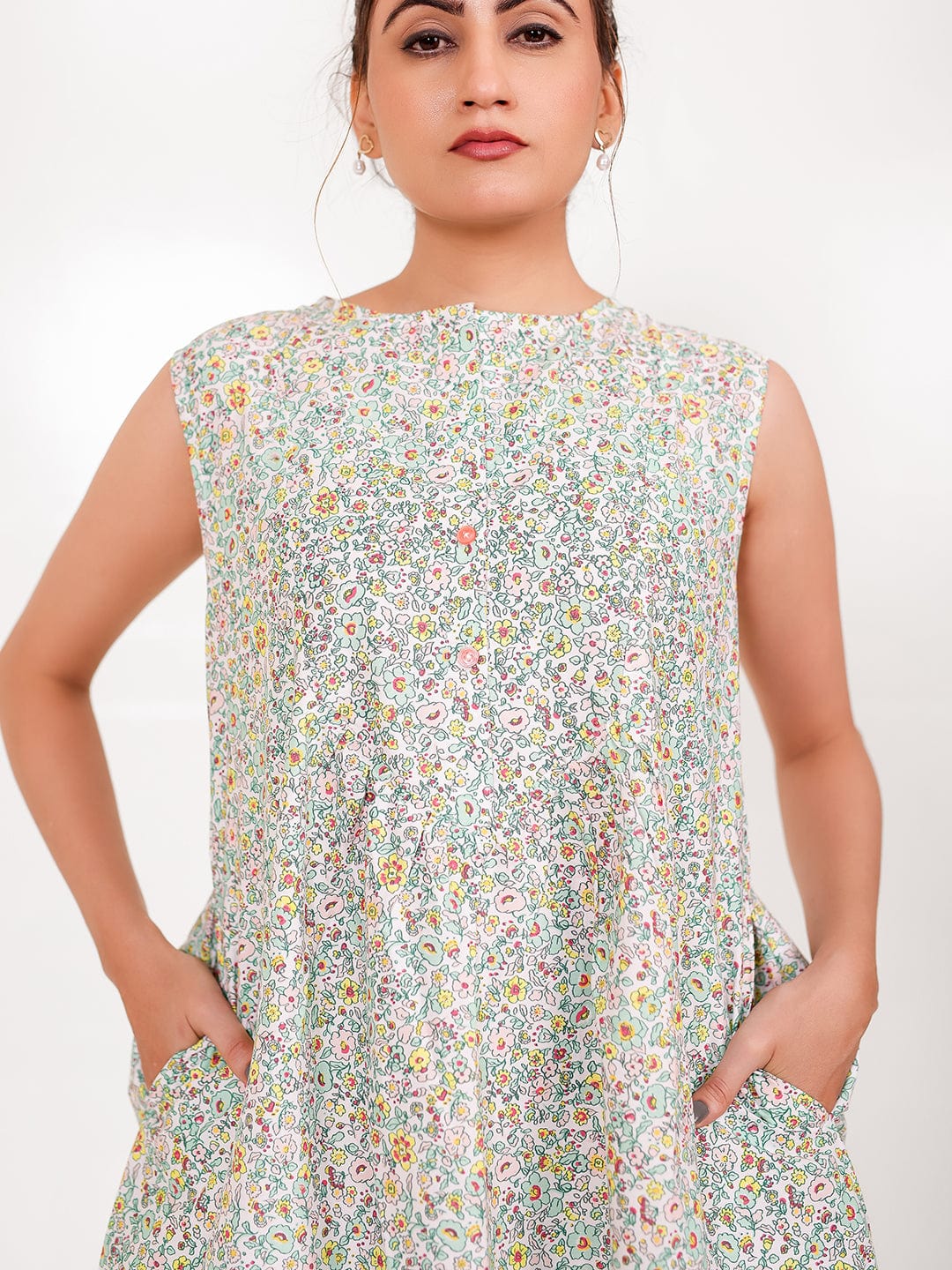 The Kaftan Company Nightdress Ditsy Floral Cotton Sleeveless Nightdress with Pockets
