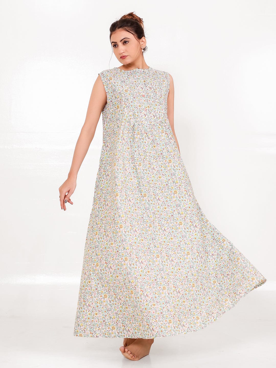 The Kaftan Company Nightdress Ditsy Floral Cotton Sleeveless Nightdress with Pockets
