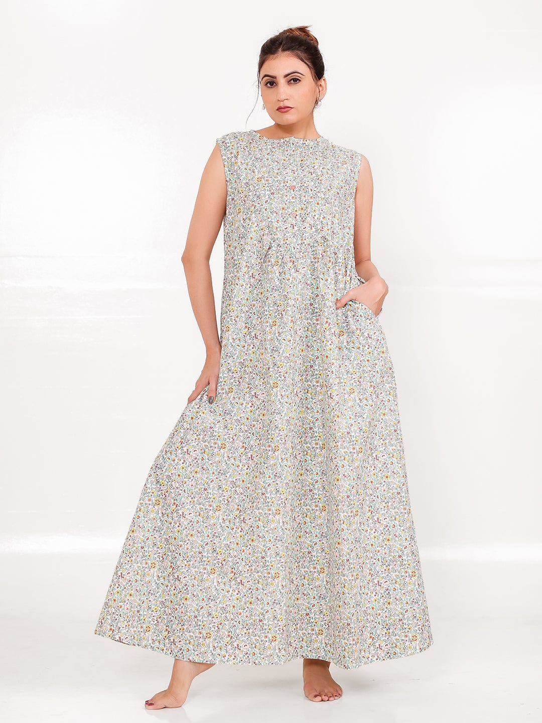 The Kaftan Company Nightdress Ditsy Floral Cotton Sleeveless Nightdress with Pockets