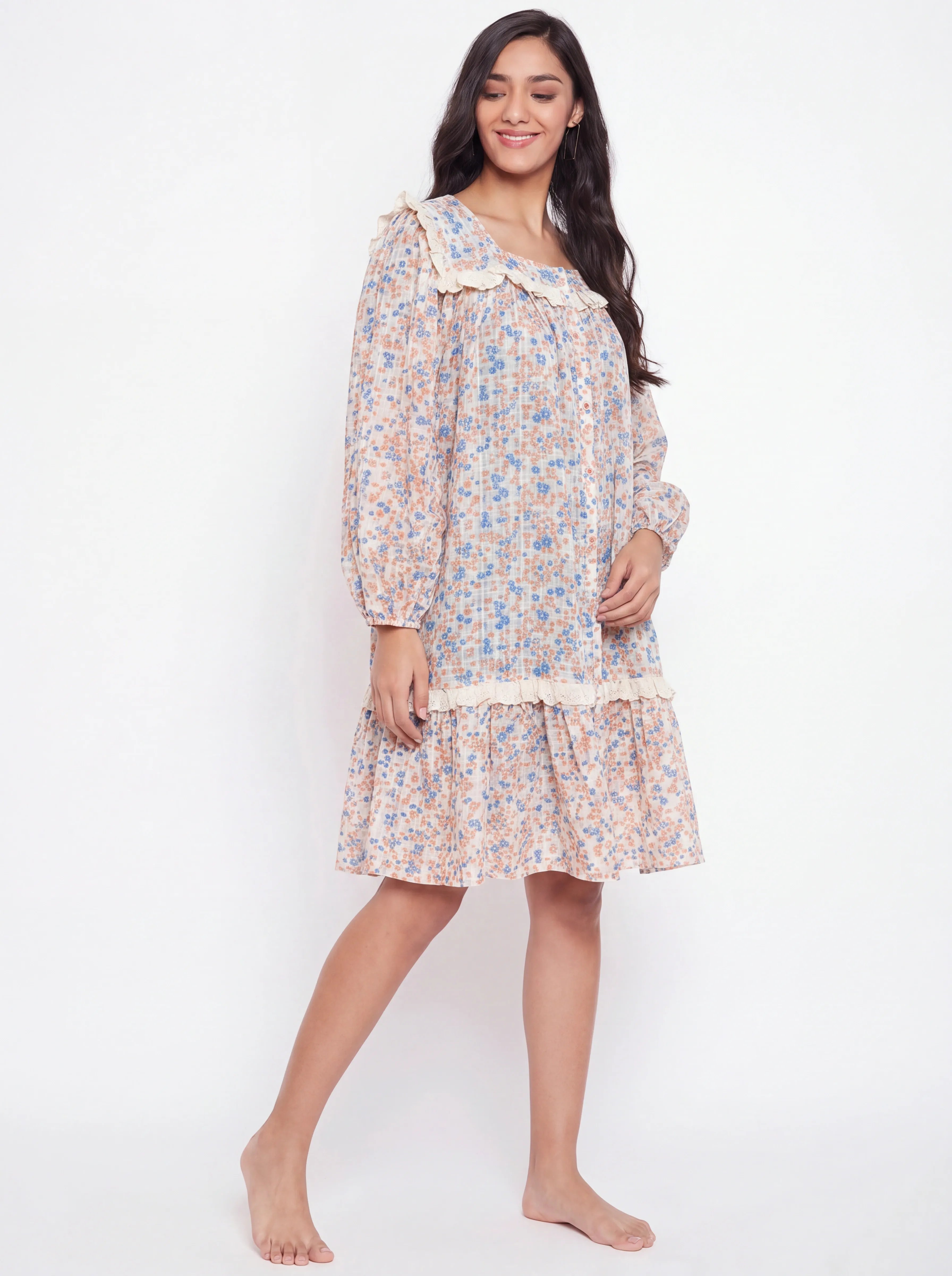 The Kaftan Company Nightdress Ditsy Floral Print Short Cotton Nightdress with Lace Trim