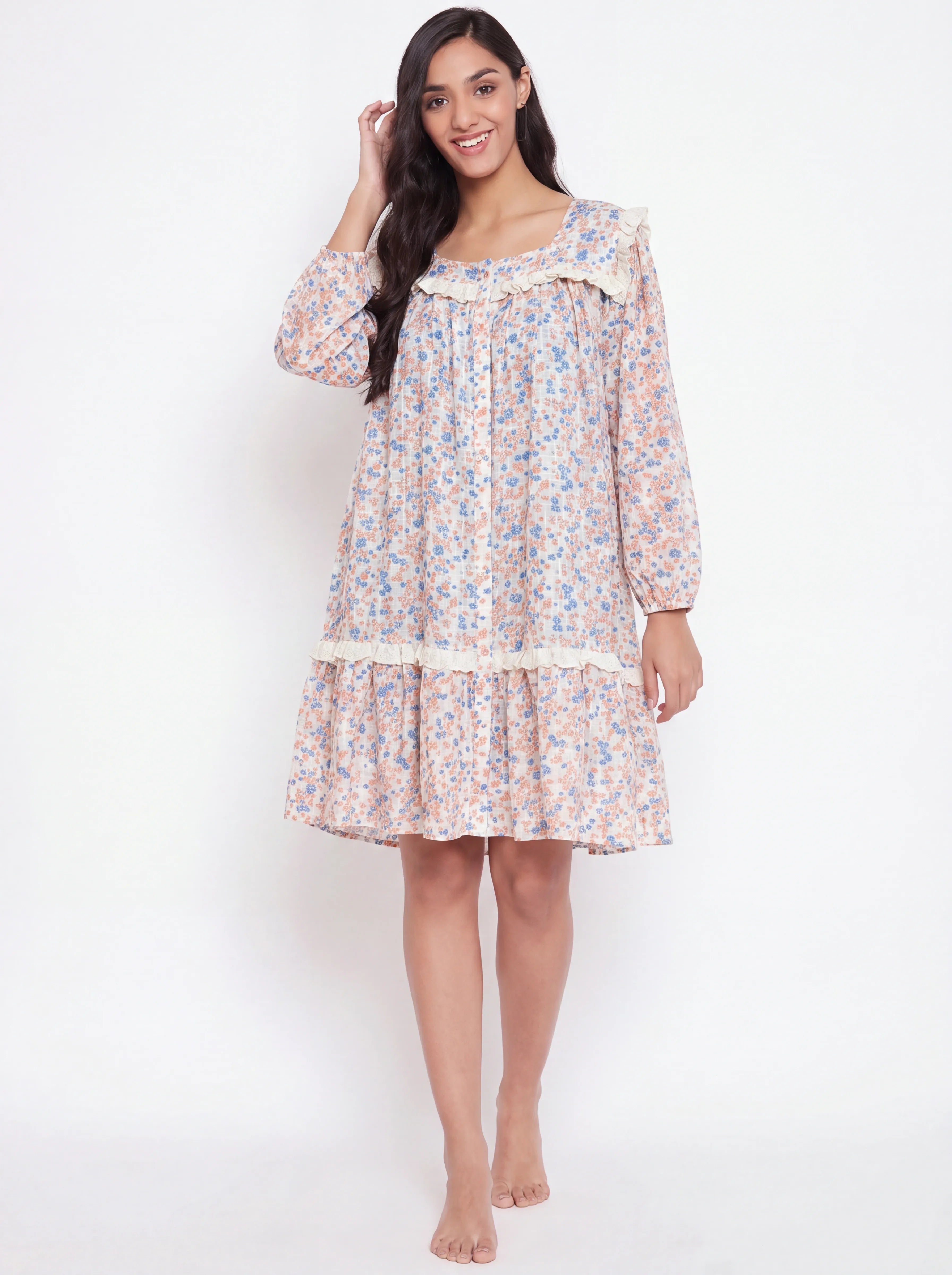 The Kaftan Company Nightdress Ditsy Floral Print Short Cotton Nightdress with Lace Trim