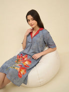 The Kaftan Company Nightdress Dusty Blue Tie-Dye Print Nightdress with Red Contrast Collar