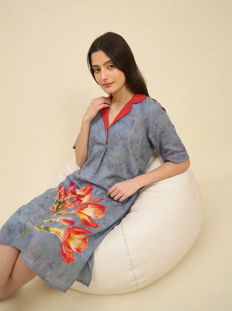 The Kaftan Company Nightdress Dusty Blue Tie-Dye Print Nightdress with Red Contrast Collar