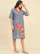 The Kaftan Company Nightdress Dusty Blue Tie-Dye Print Nightdress with Red Contrast Collar