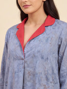 The Kaftan Company Nightdress Dusty Blue Tie-Dye Print Nightdress with Red Contrast Collar