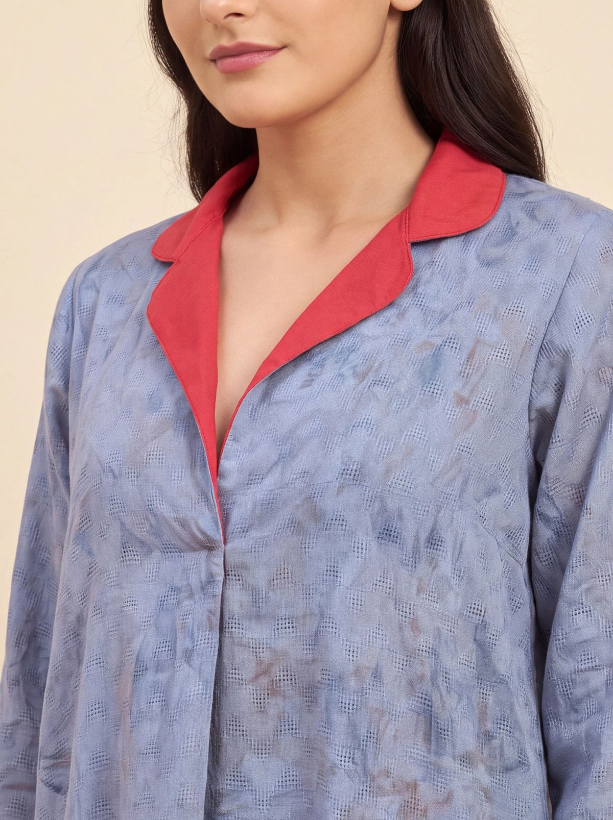 The Kaftan Company Nightdress Dusty Blue Tie-Dye Print Nightdress with Red Contrast Collar