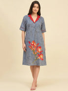 The Kaftan Company Nightdress Dusty Blue Tie-Dye Print Nightdress with Red Contrast Collar