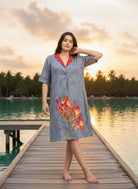 The Kaftan Company Nightdress Dusty Blue Tie-Dye Print Nightdress with Red Contrast Collar