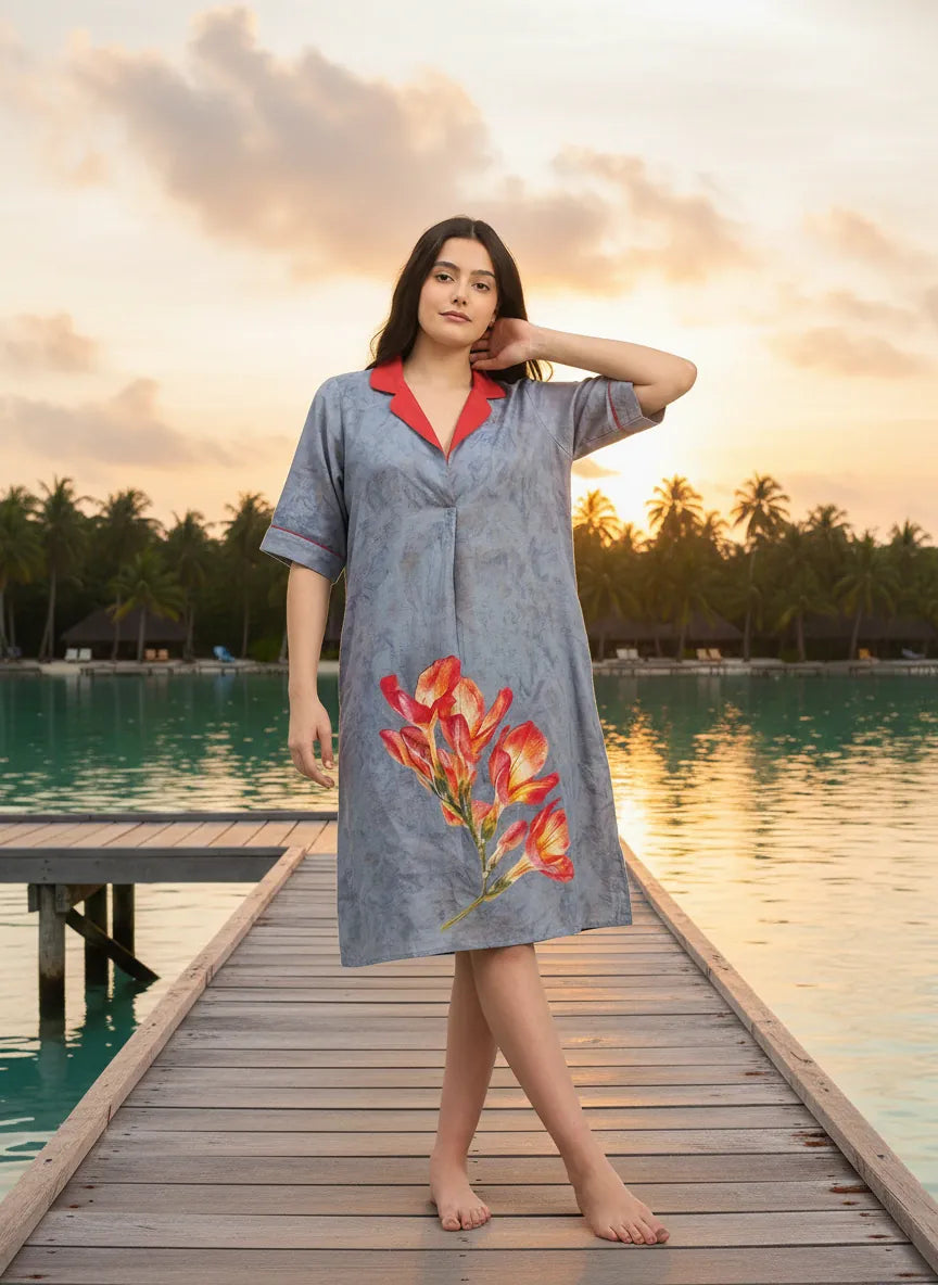 The Kaftan Company Nightdress Dusty Blue Tie-Dye Print Nightdress with Red Contrast Collar