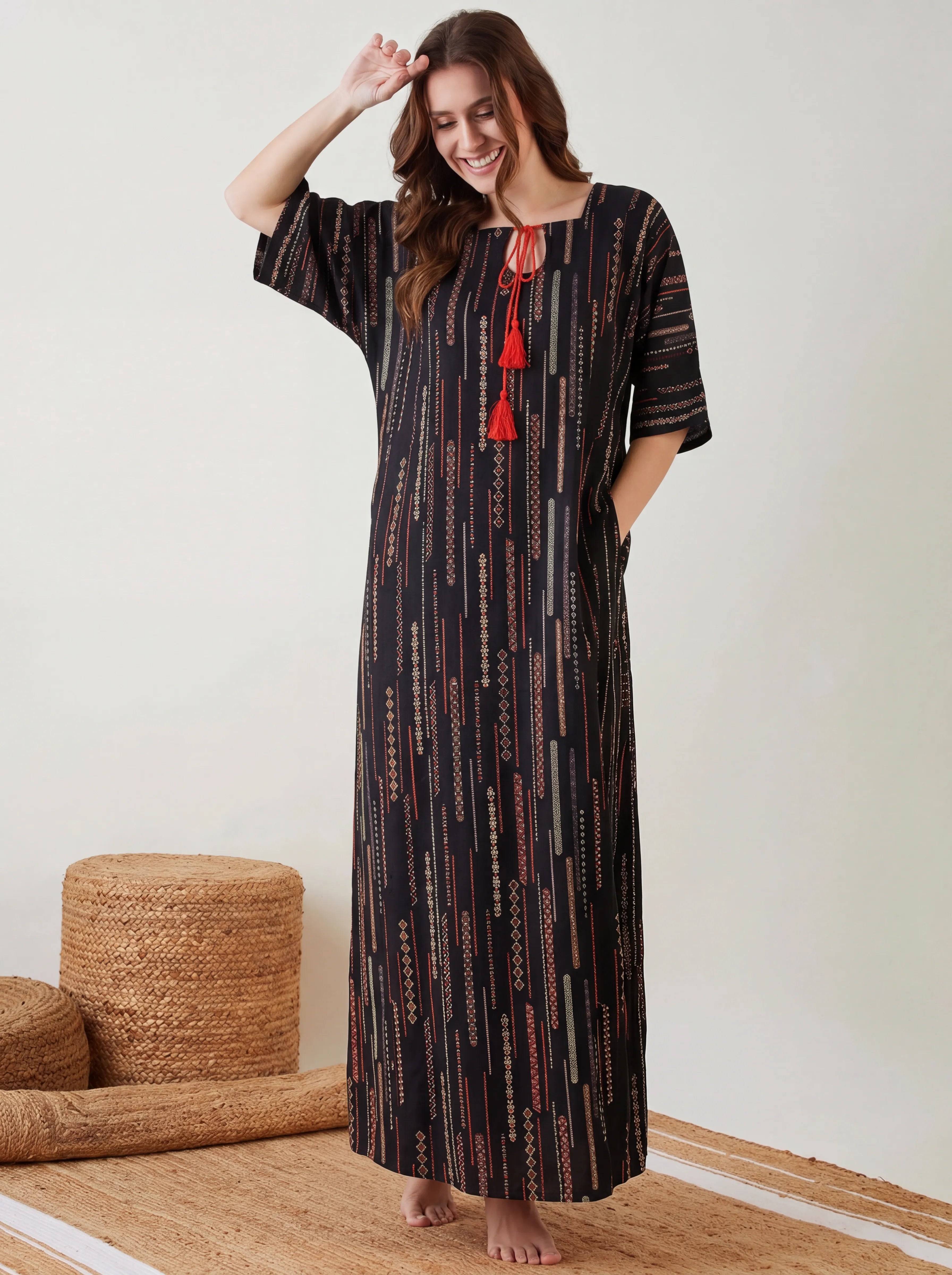 The Kaftan Company Nightdress Ethnic Stripe Print Maxi Nightdress