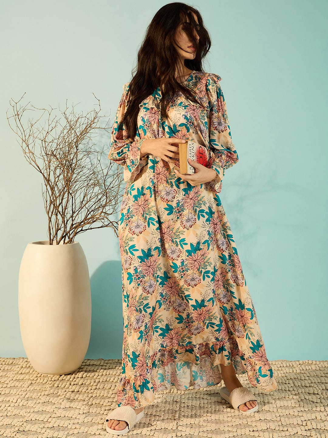The Kaftan Company Nightdress Floral Mix Soft Modal Frilled Night Dress For Women