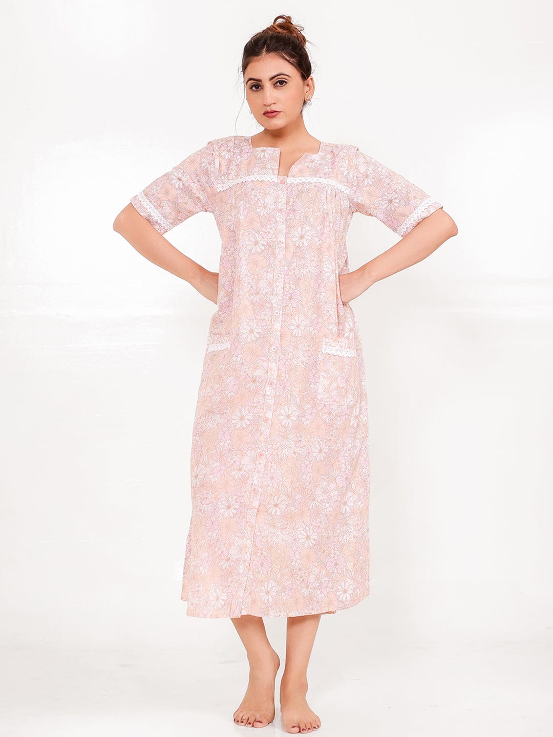The Kaftan Company Nightdress Floral Peach Cotton Nightdress with Button Front