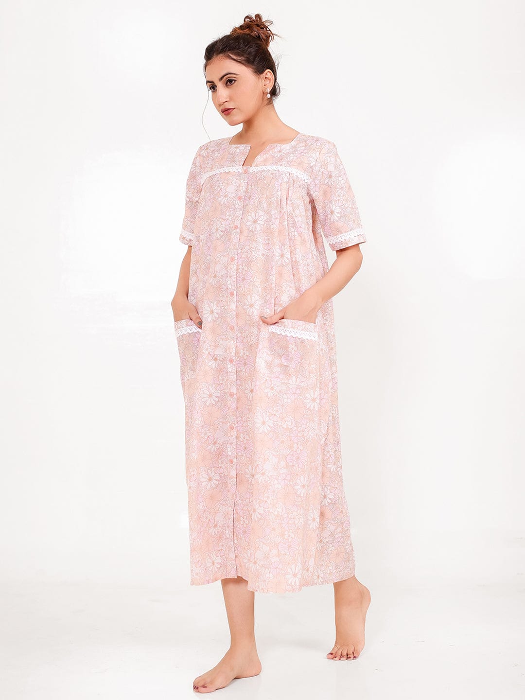 The Kaftan Company Nightdress Floral Peach Cotton Nightdress with Button Front