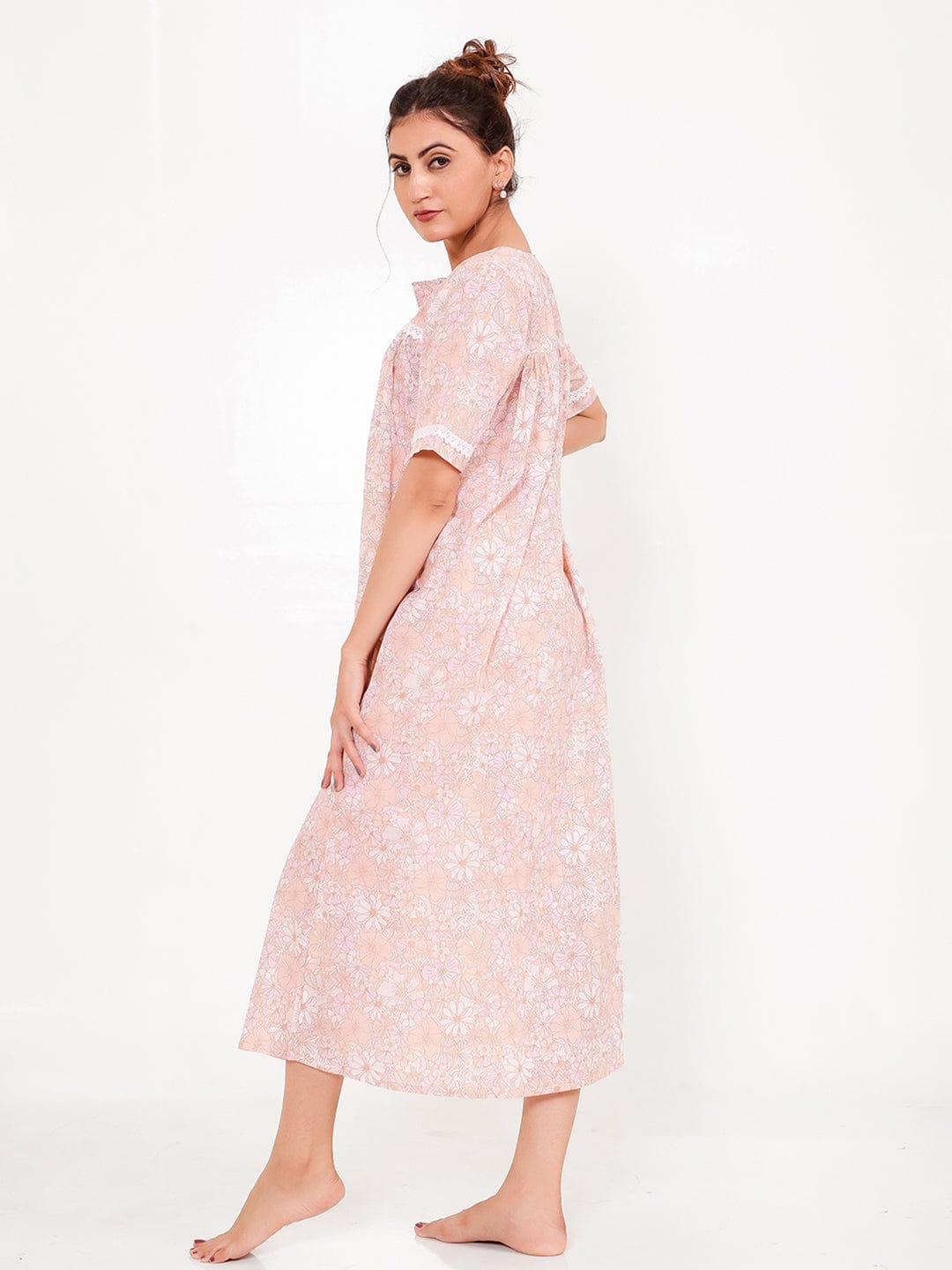 The Kaftan Company Nightdress Floral Peach Cotton Nightdress with Button Front