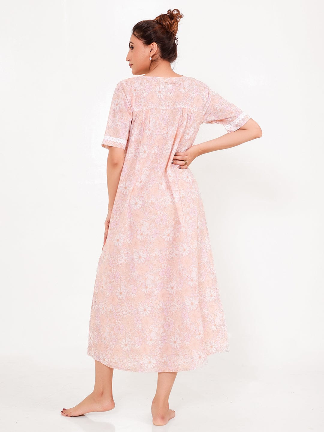 The Kaftan Company Nightdress Floral Peach Cotton Nightdress with Button Front