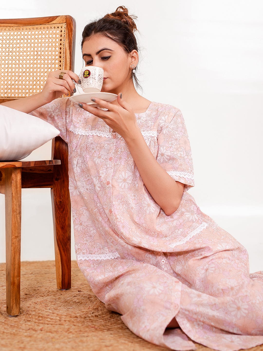 The Kaftan Company Nightdress Floral Peach Cotton Nightdress with Button Front