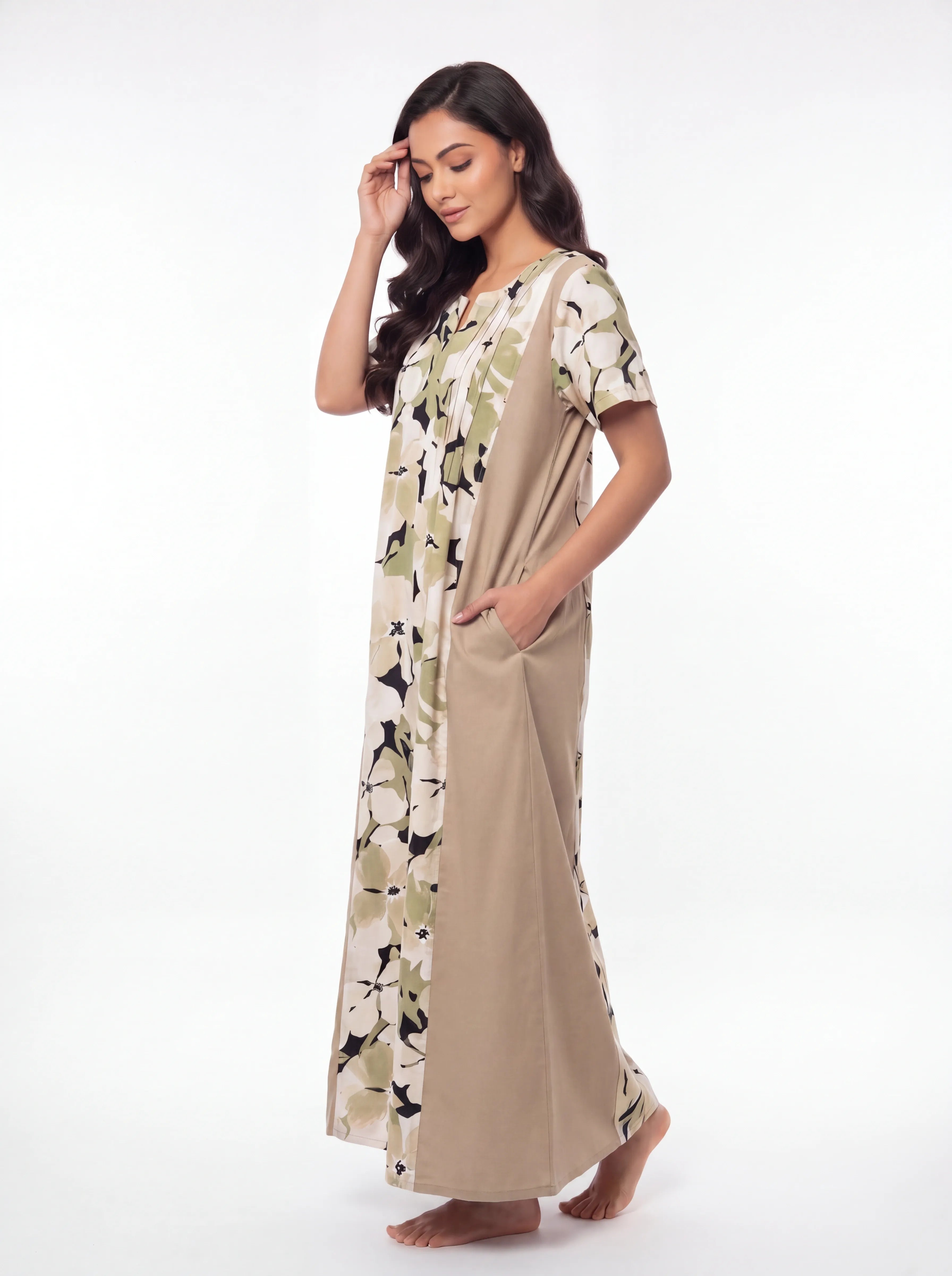 The Kaftan Company Nightdress Floral Print Linen Cotton Maxi Nightdress