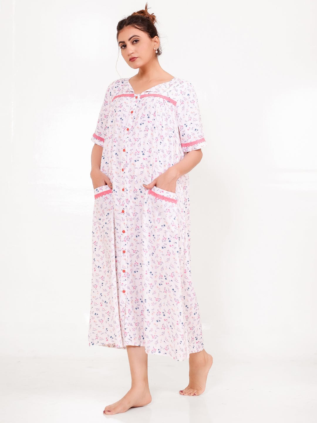 The Kaftan Company Nightdress Front-Open Pastel Floral Cotton Nightdress