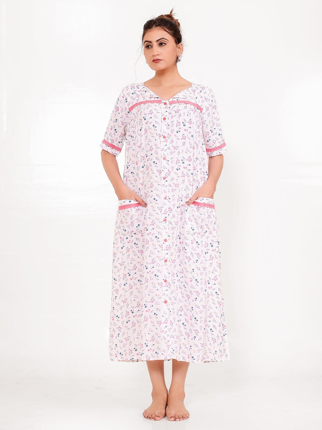 The Kaftan Company Nightdress Front-Open Pastel Floral Cotton Nightdress