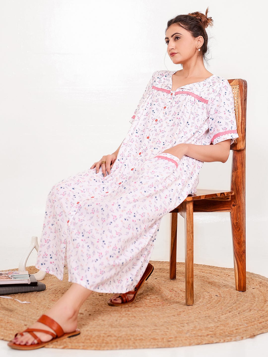 The Kaftan Company Nightdress Front-Open Pastel Floral Cotton Nightdress