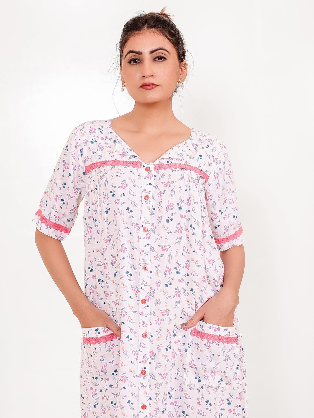 The Kaftan Company Nightdress Front-Open Pastel Floral Cotton Nightdress