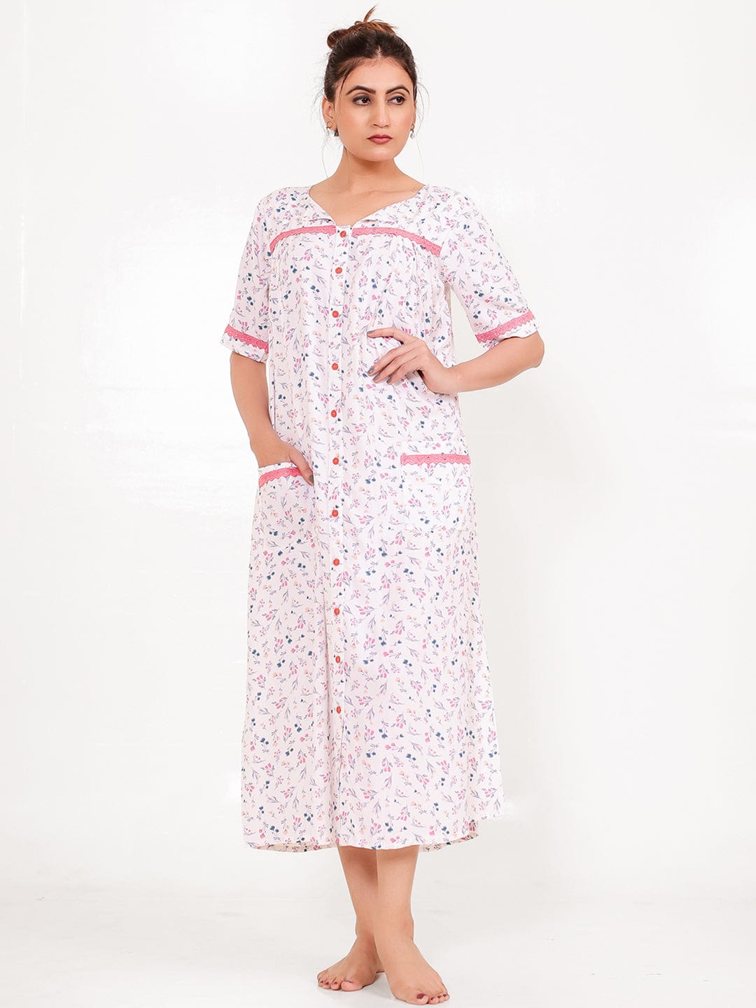 Front-Open Pastel Floral Cotton Nightdress S