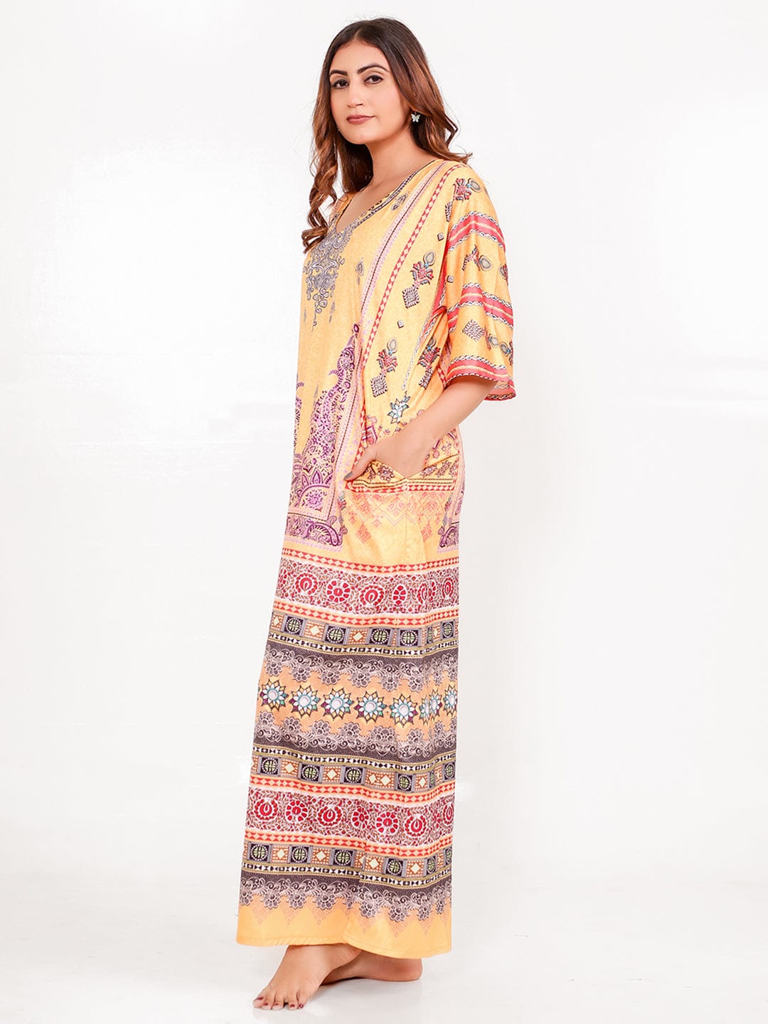 The Kaftan Company Nightdress Golden Motif Satin Printed Nightdress
