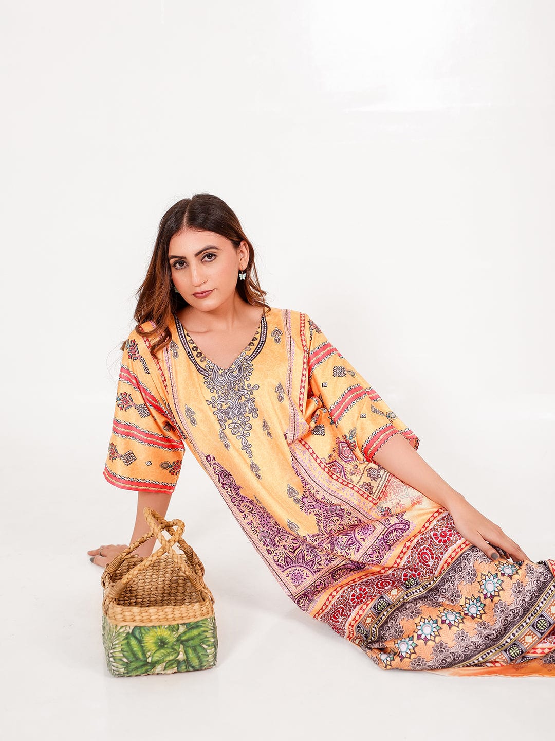 The Kaftan Company Nightdress Golden Motif Satin Printed Nightdress
