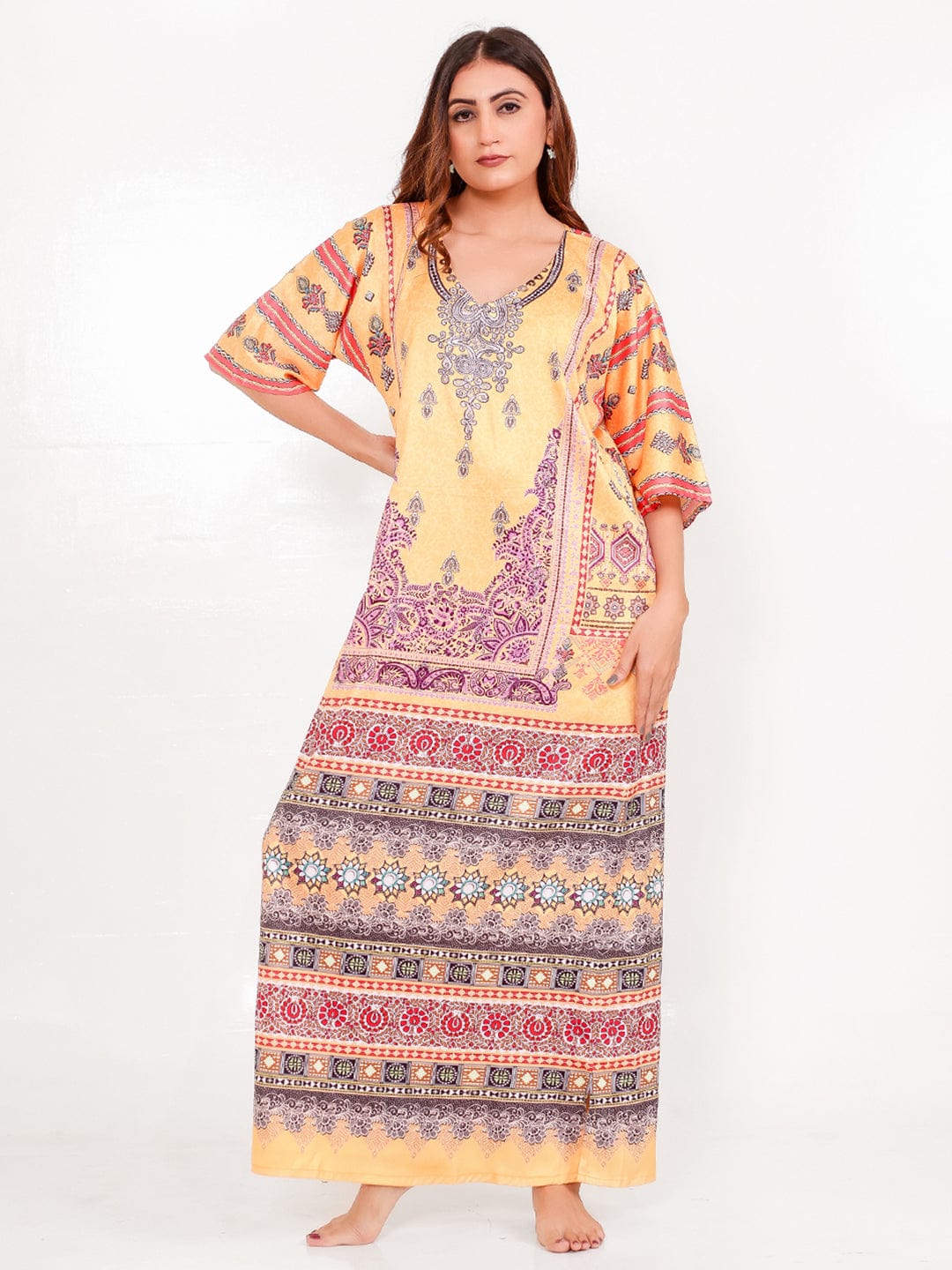 The Kaftan Company Nightdress Golden Motif Satin Printed Nightdress