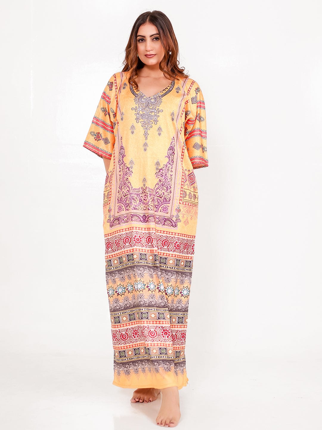 The Kaftan Company Nightdress Golden Motif Satin Printed Nightdress