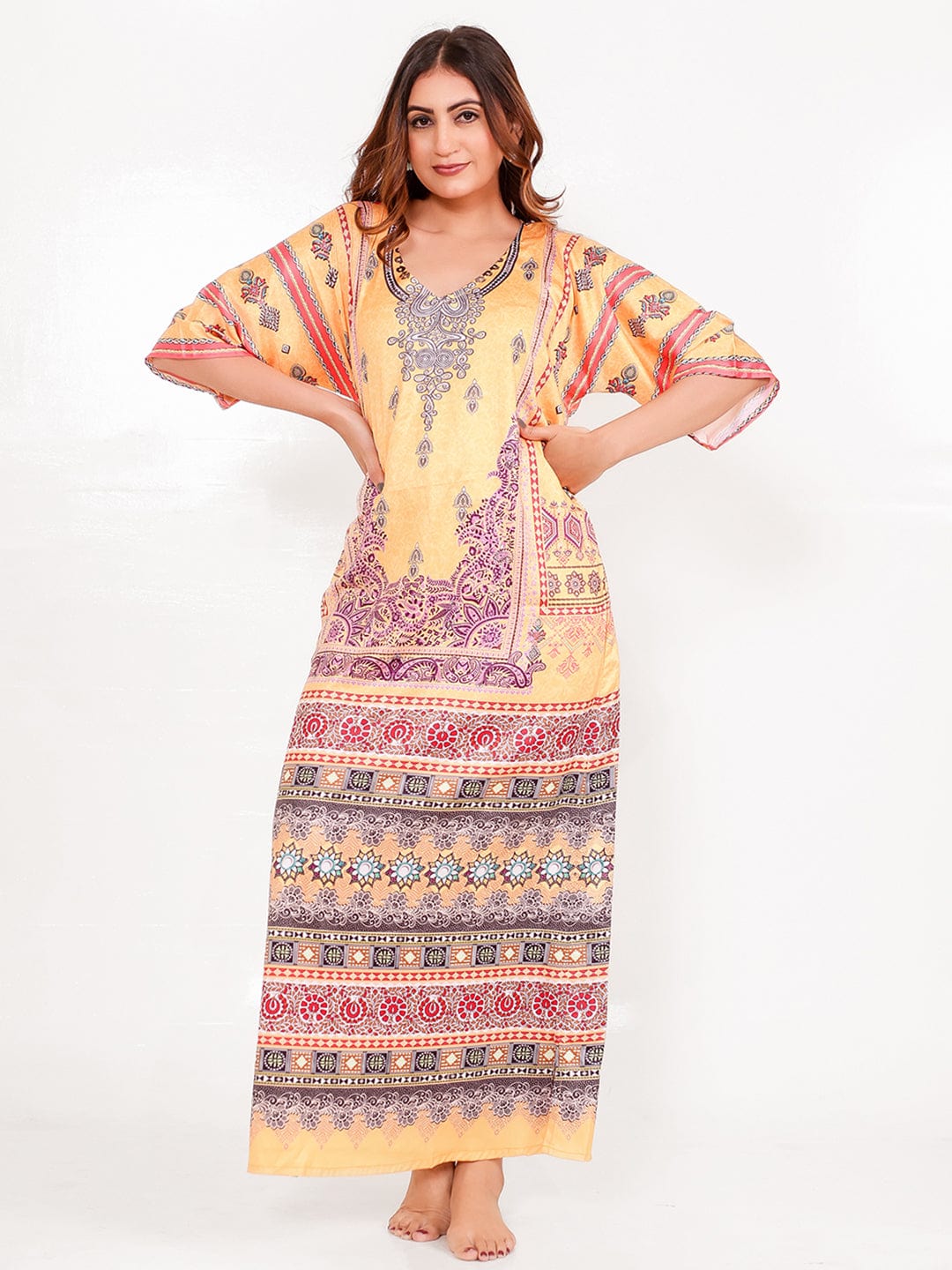 The Kaftan Company Nightdress Golden Motif Satin Printed Nightdress