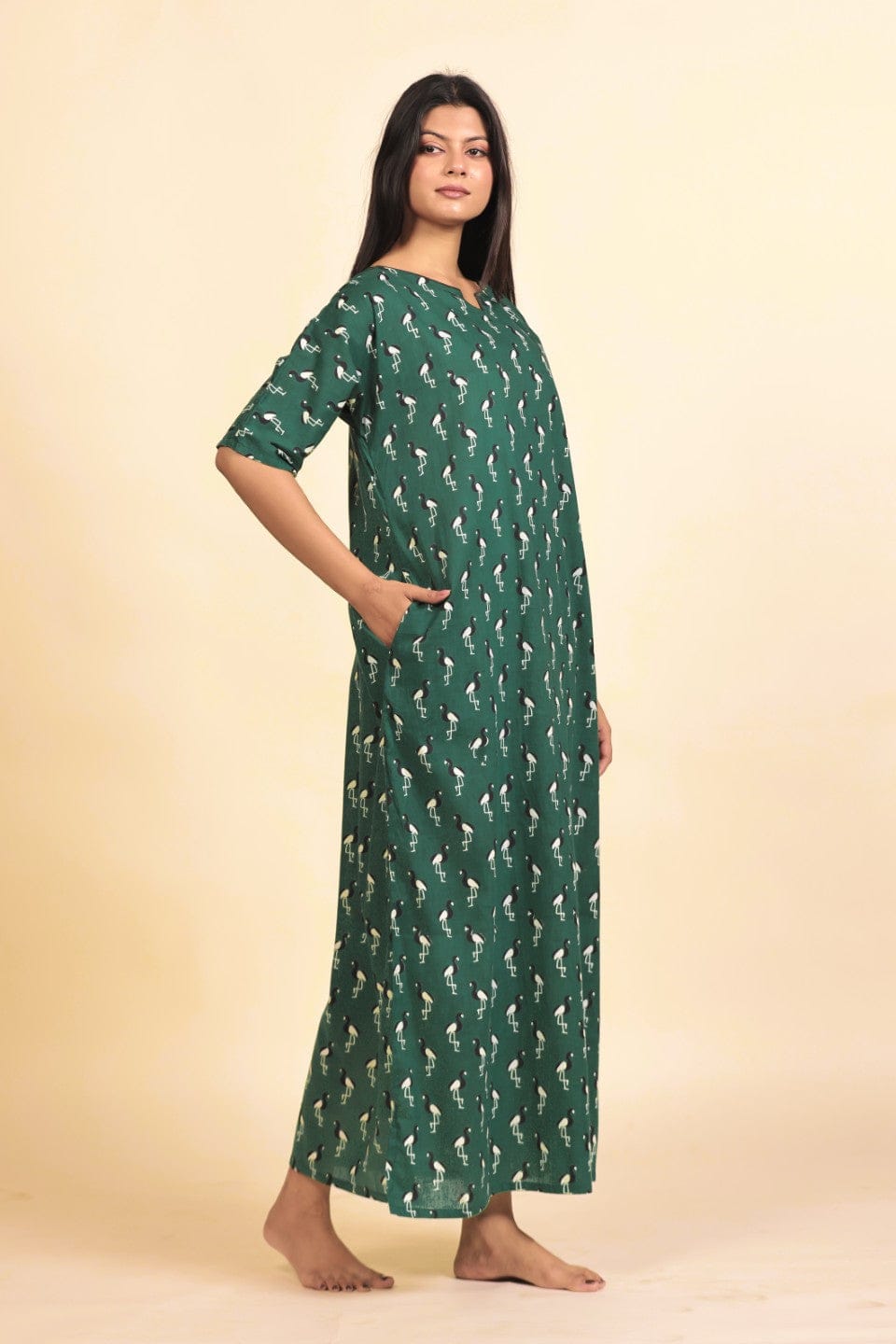 The Kaftan Company Nightdress Green Bird Print Cotton Nightdress